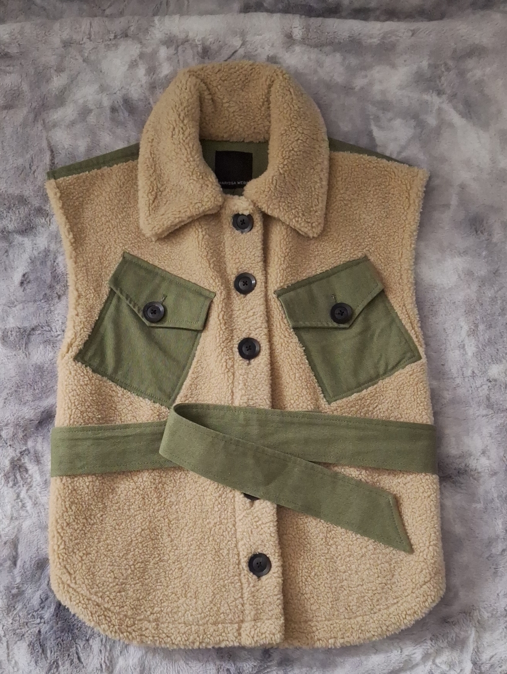 NWOT Marissa Webb Beige Sherpa Vest with Olive Green Accents